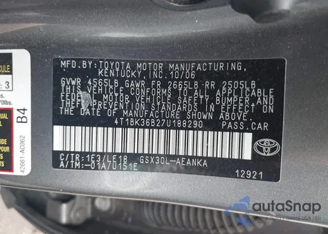 2007 Toyota Avalon Touring from USA, damaged, VIN 4T1BK36B27U188290